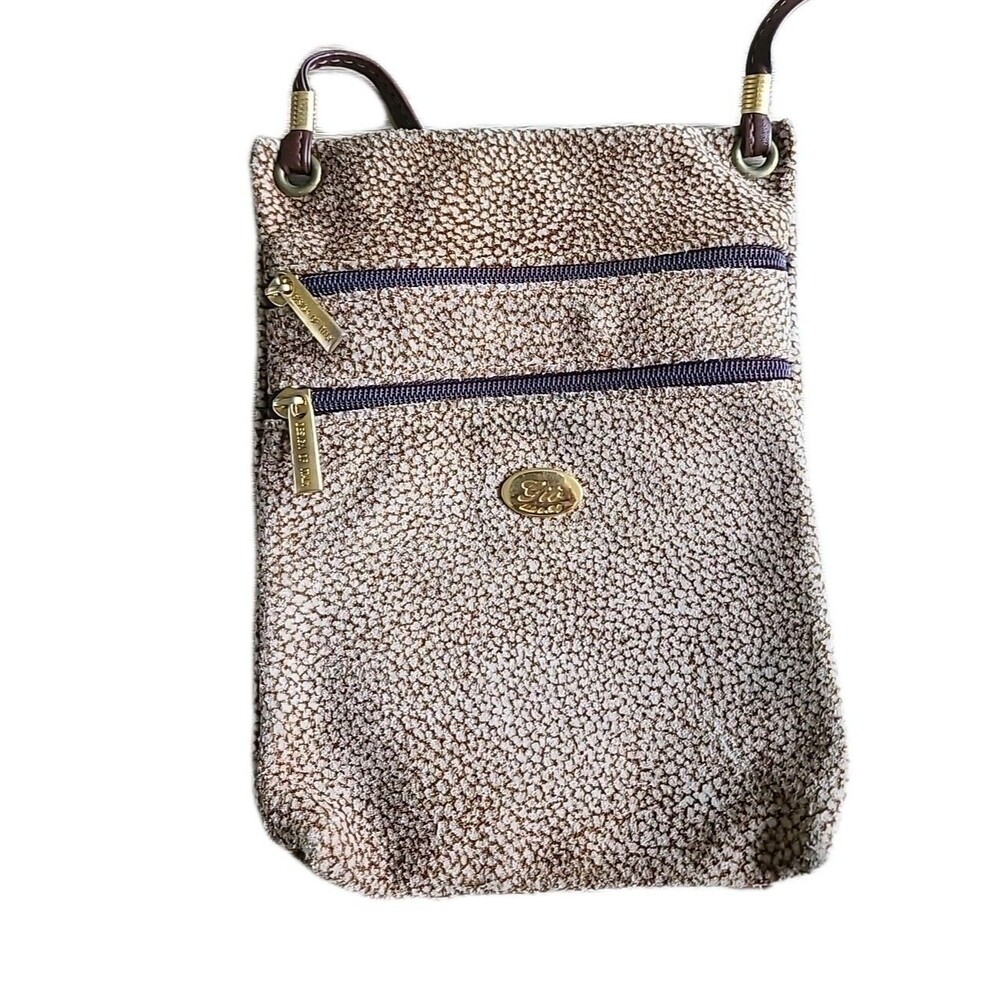 Gio Italy Quail Pattern Suede Leather Crossbody Brass Zippers VTG Boho Designer
